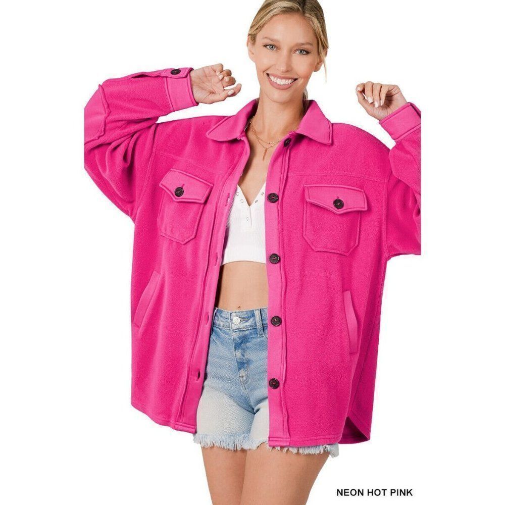 Zenana Oversized Fleece Shacket Button Up Pockets Neon Hot Pink S-L QJ-4000Y